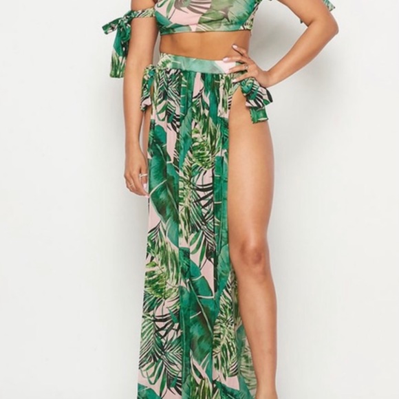 Floral Tropical Print Multicolor Three Piece Cover-up and Swimsuit Set - Picture 5 of 13